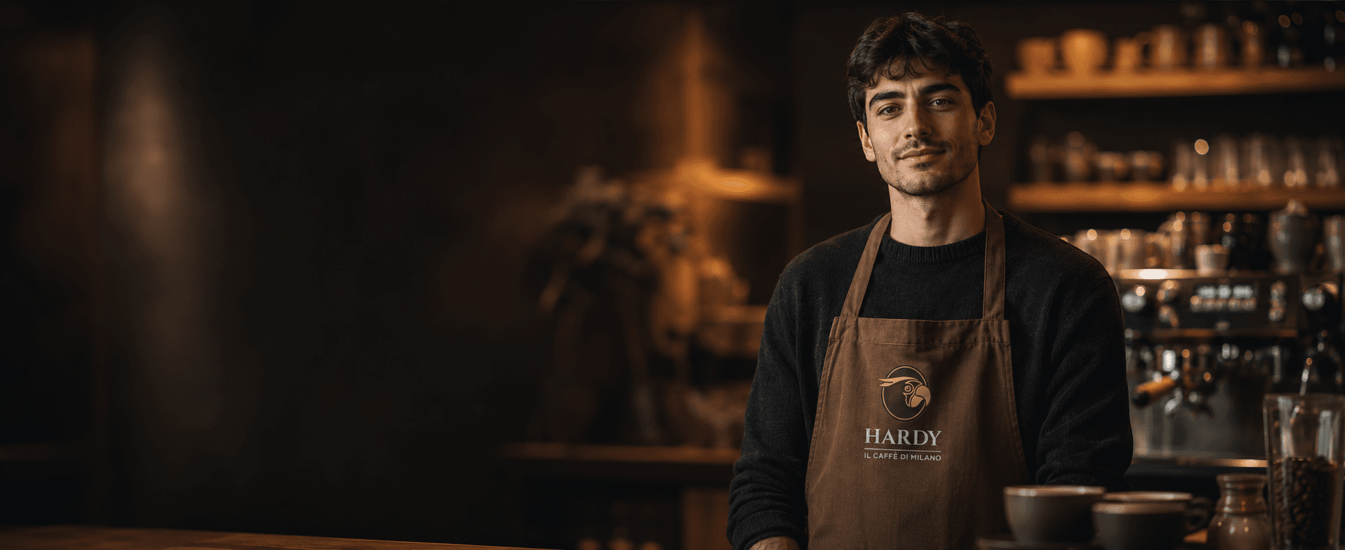 Professionista Hardy con grembiule Hardy al banco