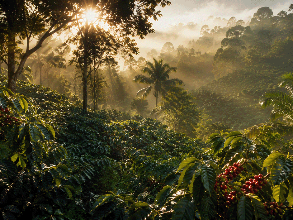 Piantagioni di caffè tra le colline tropicali al tramonto